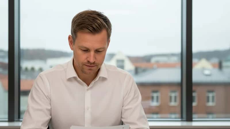 Norsk statsansatt gjennomgår tariffavtale-dokumenter ved skrivebord i Trondheim