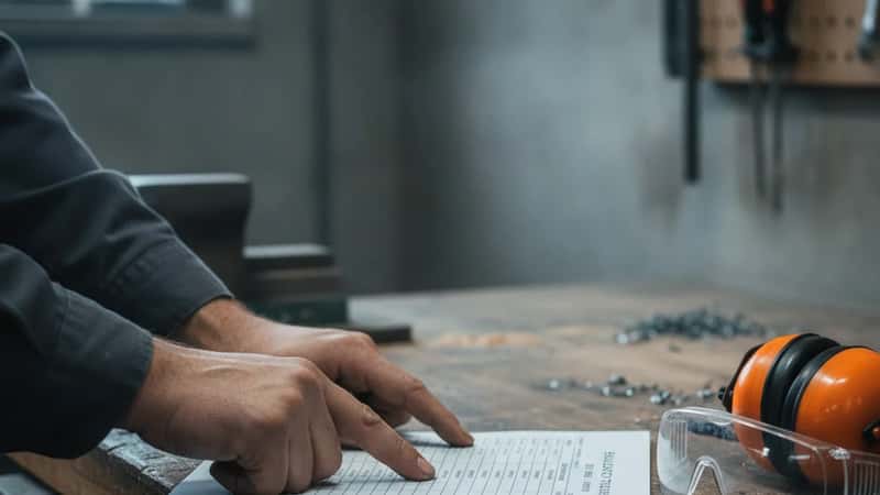 Mains d'un artisan pointant une table d'évaluation des risques sur un document papier dans un atelier à Grenoble, équipements de sécurité en arrière-plan