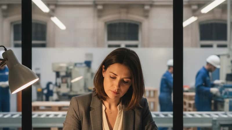 Dirigeante de TPE à Lyon révisant un classeur de procédures de sécurité à son bureau, atelier visible en arrière-plan derrière une cloison vitrée