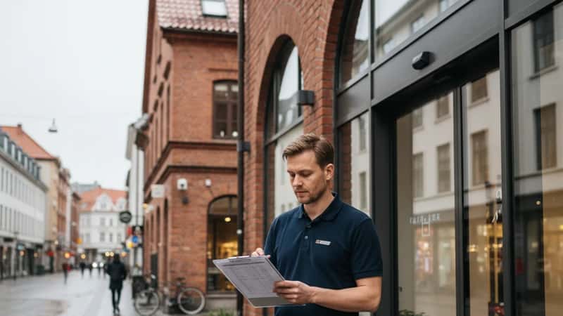 Norsk butikkarbeider gjennomgår arbeidsplan utenfor Trondheim butikk