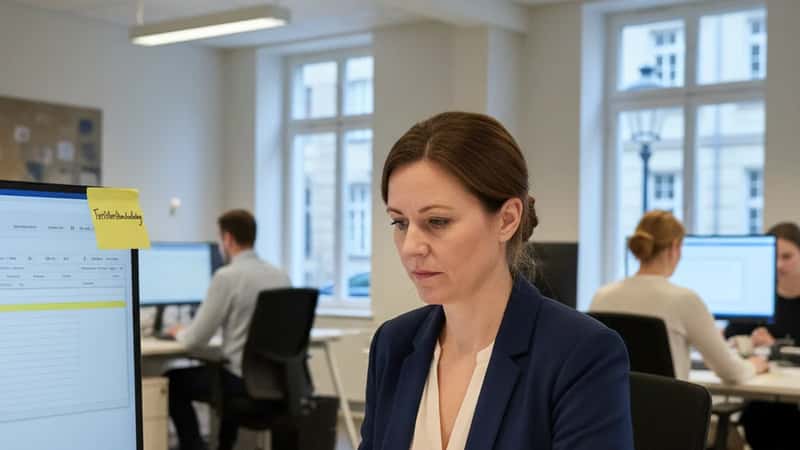 HR-chef i Odense gennemgår fertilitetsbehandlingsretningslinjer ved kontorskrivebord