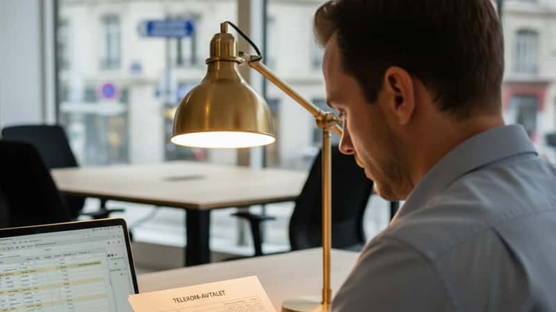 HR-chef i Göteborgskontor granskar lönetabell från Telekom-avtalet 2025–2027 vid minimalistiskt skrivbord med laptopskärm i bakgrunden