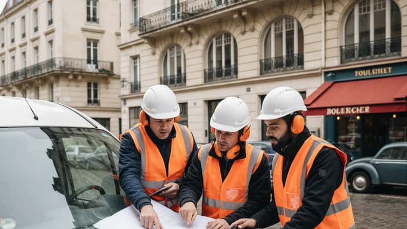 Tre svenska telekomarbetare i säkerhetsvästar diskuterar avtalshandlingar utomhus vid en fiberinstallationsplats i Göteborg