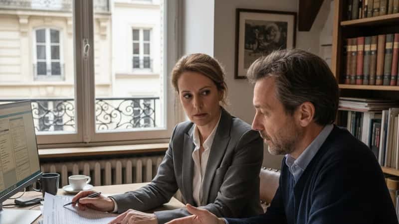 Inspection du travail française effectuant un contrôle de conformité salariale dans les locaux d'une PME de la région parisienne
