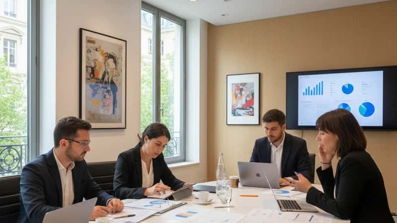 Équipe RH et représentants du CSE examinant les données de conformité salariale dans une salle de réunion moderne à Lyon