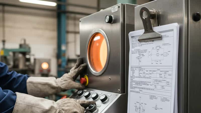 Mains d'un ouvrier verrier en gants de protection réglant une machine de soufflage automatisée dans une verrerie industrielle française