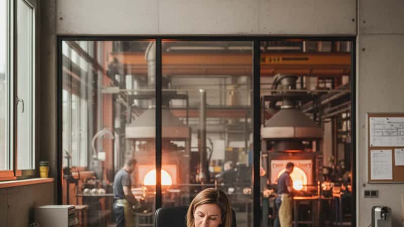 Responsable RH dans le bureau d'une verrerie industrielle française examinant des documents de convention collective