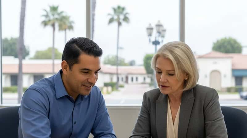 California HR manager and employee reviewing paid sick leave documents together at a conference table in a Los Angeles office