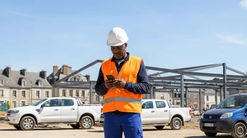 California construction worker in hard hat and safety vest checking his phone at a job site on a sunny day, checking sick leave rights under SB 616