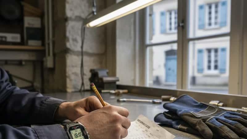 VVS-montör stämplar klockslag på en tidrapport med klockan 18:05 synlig på ett metalsbord i en Linköping-verkstad