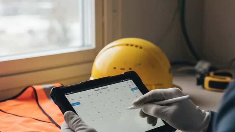 "Sähköasentaja tarkistaa työvuorosuunnitelman tabletilla Kuopiossa"