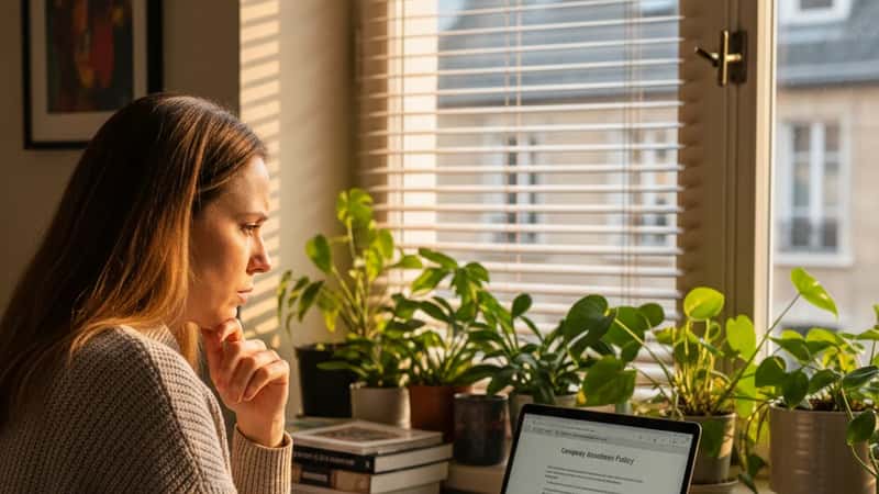 Montana designer working from home in Missoula reviewing attendance policy on laptop, golden-hour window light through blinds, thoughtful expression