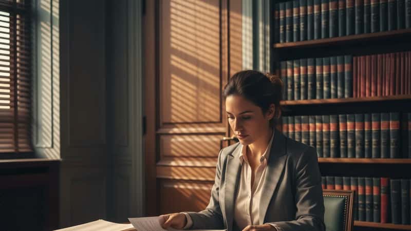 Employment lawyer in a Tulsa law office reviewing wage calculation documents at a desk, warm tungsten light through venetian blinds, law books on shelves, focused and purposeful mood
