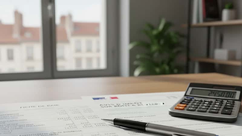 Bulletin de salaire et documents fiscaux français sur un bureau lyonnais, stylo pointant la ligne de prime PPV, calculatrice posée à côté