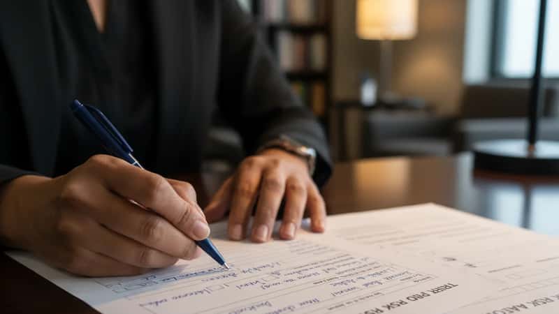 US law firm compliance attorney annotating a regulatory document at a Chicago law firm desk, warm overhead light, detailed risk assessment checklist visible alongside regulatory text