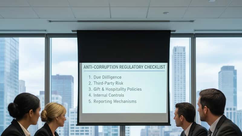 In a Chicago modern law firm training room, five attorneys attending an anti-corruption compliance training session with a projector screen showing a regulatory checklist, diverse group in business attire, neutral cool office lighting, engaged and attentive body language