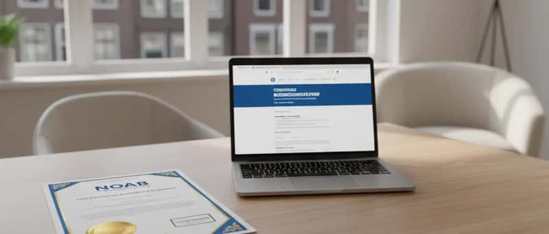 NOAB-keurmerk naast een laptop met een boekhouder-vergelijkingssite op een houten bureau