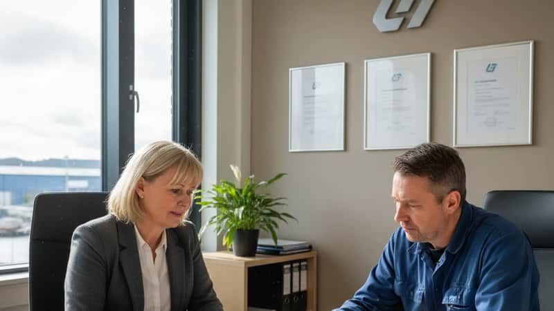 HR-pensjonsspesialist i Stavanger forklarer AFP-rettigheter til industriarbeider ved skrivebordet