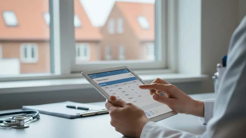 Dansk kvindelig læge der taster data ind i et digitalt tidsregistreringssystem på en tablet i Kolding hospital, overarbejdssporing synlig på skærm