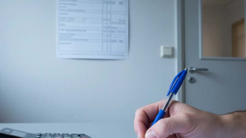 North Dakota worker's hand filling out a paper timesheet with a calculator and paycheck stub on a desk in a Minot office
