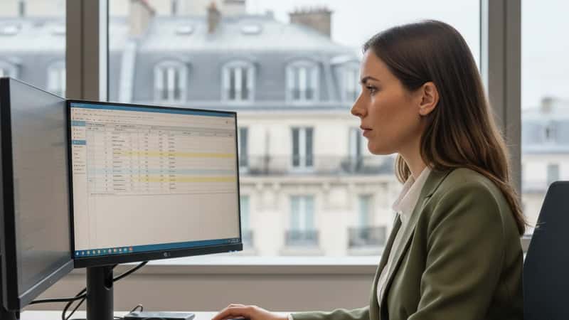 HR professional in her 30s reviewing payroll software on dual monitors at a Fargo, North Dakota corporate office workstation, systematic overtime compliance review
