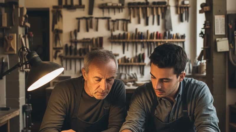 Titolare di piccola officina artigiana fiorentina e operaio confrontano orario settimanale di lavoro su foglio stampato