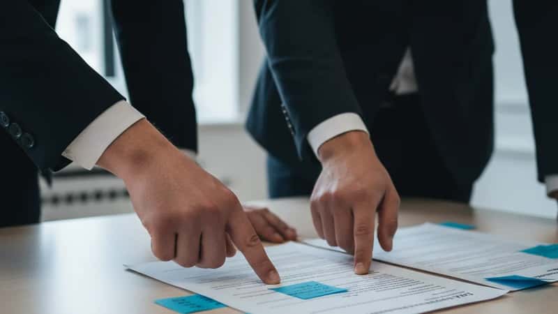 Two legal professionals reviewing GDPR compliance documents at a Dublin law office conference table, annotating key clauses with blue sticky notes