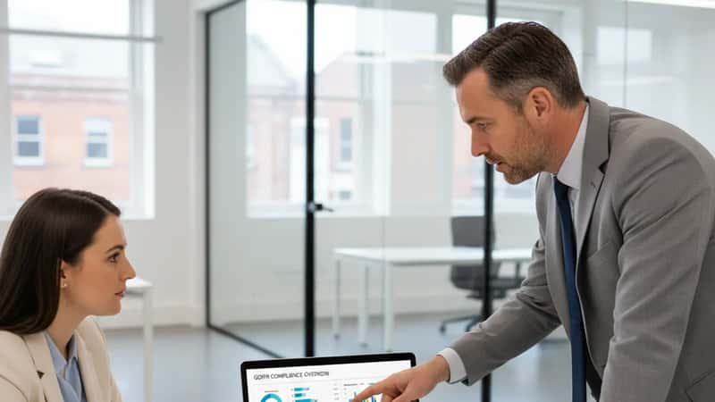 Dublin Data Protection Officer explaining a compliance dashboard to a junior colleague in a modern open-plan office with glass partitions and neutral daylight