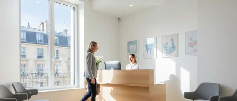 Empfangsbereich einer modernen deutschen Zahnarztpraxis mit Rezeptionistin und Patientin