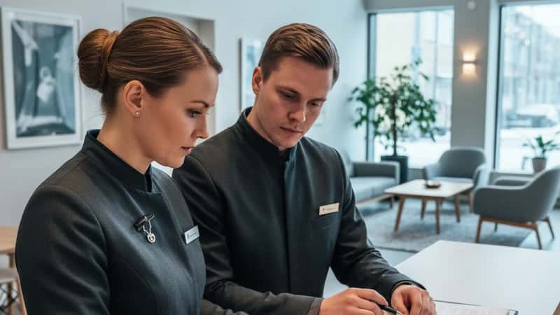 Turun hotellin vastaanottovirkailija tarkistaa uuden MaRaVa TES -sopimuksen ehtoja työtoverin kanssa modernissa Skandinaavisen tyylisessä hotellissa