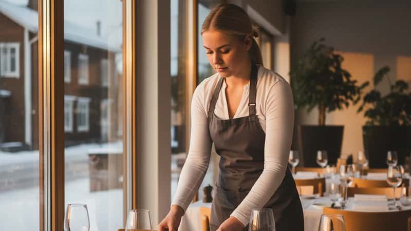 Oululainen ravintolan tarjoilija valmistautuu illallispalveluun modernissa pohjoismaisessa ravintolainteriöörissä, lämpimässä iltatunnelmassa