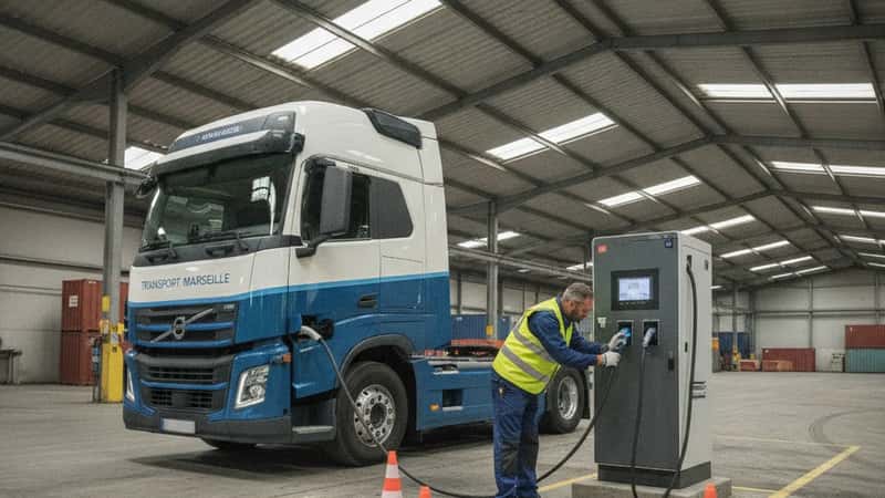 Camion électrique lourd en charge à une borne rapide dans la zone logistique du port de Marseille