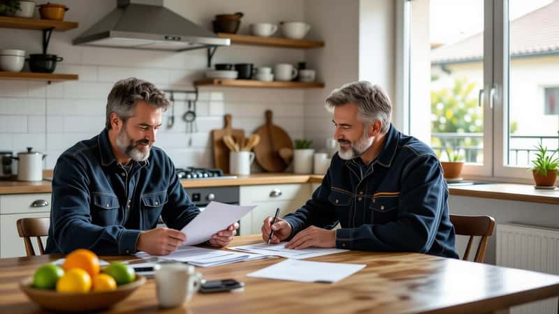 Propriétaire et artisan examinant ensemble une certification RGE et un devis de rénovation énergétique à Lyon