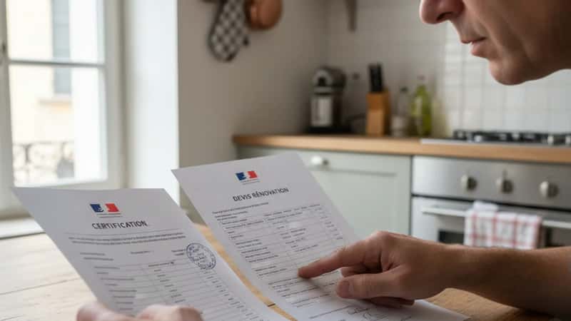Un propriétaire français à Lyon vérifiant un certificat RGE et un devis de rénovation sur une table de cuisine, lumière naturelle de l'après-midi