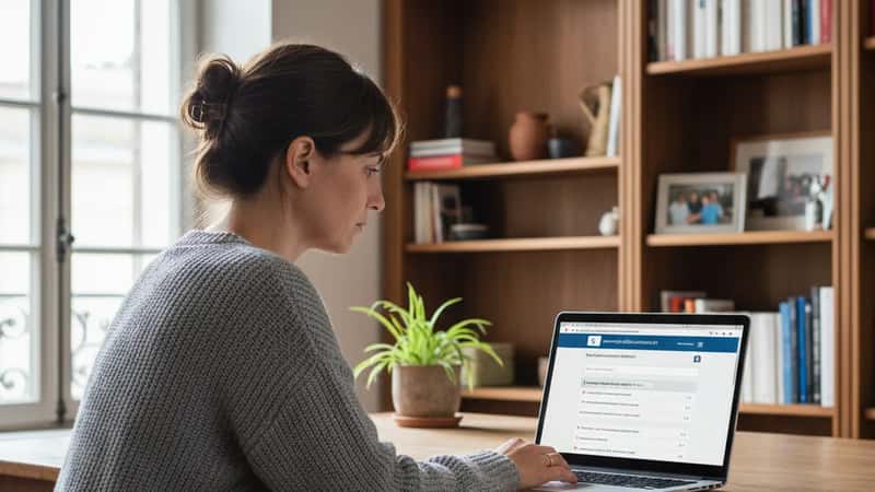 Une femme à Bordeaux utilise son ordinateur portable pour vérifier l'annuaire officiel des artisans RGE sur le site gouvernemental, bureau à domicile, lumière naturelle
