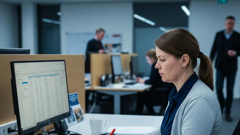 Virkamies tarkistaa ylityötunteja tietokoneelta Oulussa, iltavalaistus