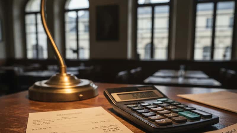 Close-up of a paycheck stub showing Connecticut minimum wage rate on a restaurant manager desk in New Haven