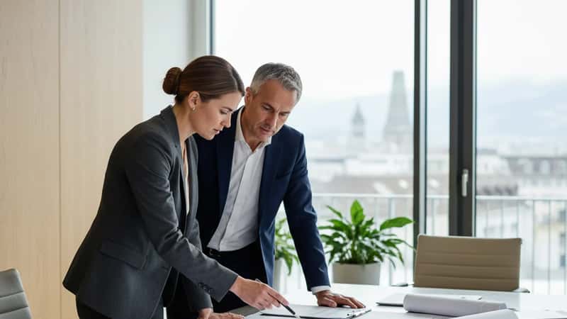 Architecte suisse et acheteur étudiant des plans immobiliers dans une agence à Zurich