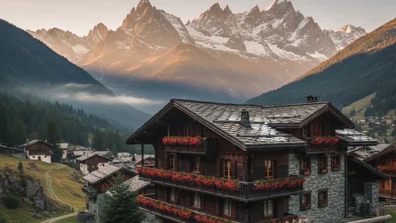 Chalet suisse traditionnel à vendre dans un village du Valais avec sommets enneigés en arrière-plan