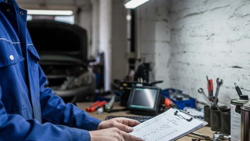 Mécanicien français en bleu de travail pointant une facture détaillée sur un presse-papiers dans un atelier automobile à Paris