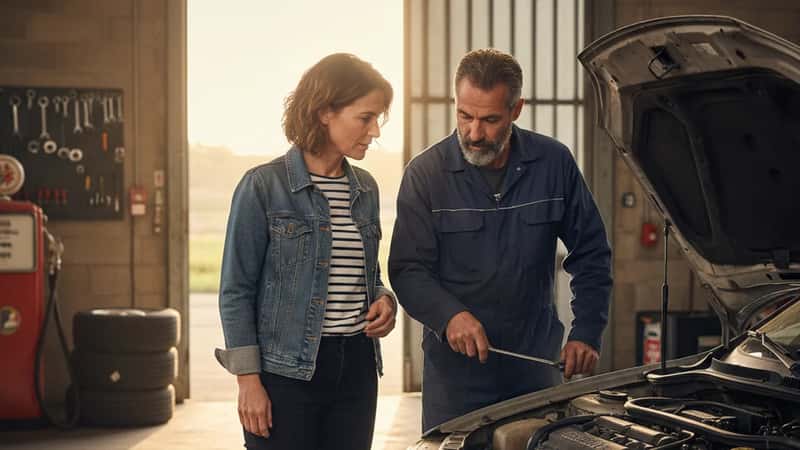 Femme française trentenaire discutant avec un mécanicien devant le capot ouvert de sa voiture dans un garage régional en France