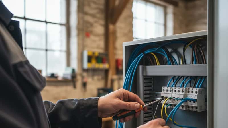En elektrikers händer kopplar färgkodade kablar i en kopplingsdosa i Malmö, systematiskt och noggrant arbete i diffust ljus