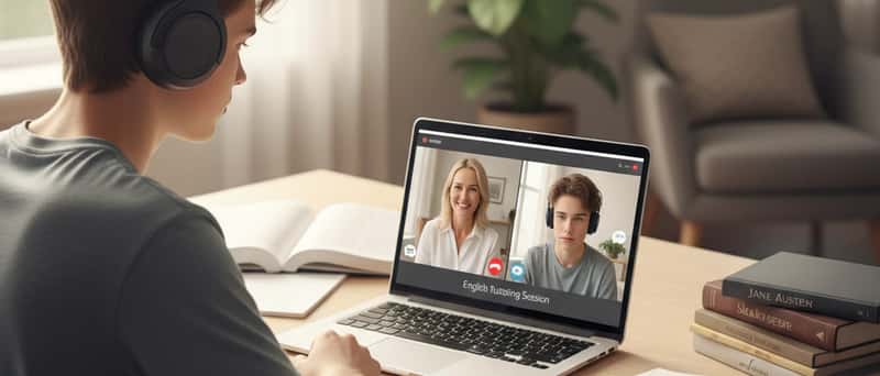 Jugendlicher mit Kopfhörern lernt Englisch online per Videoanruf mit einem Nachhilfelehrer am Laptop