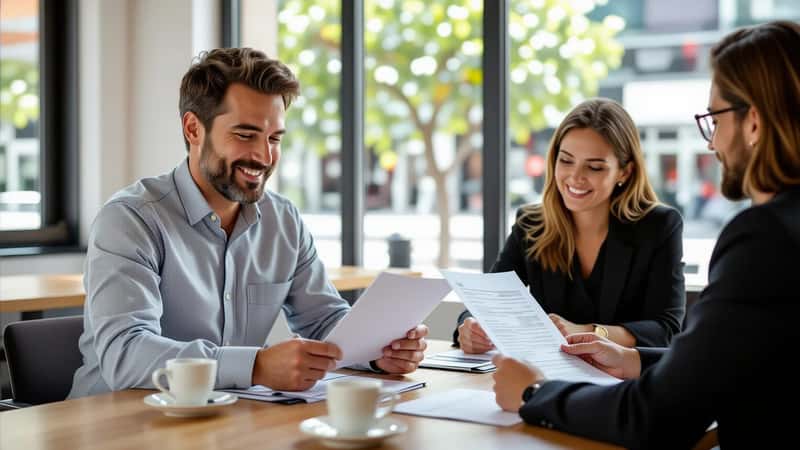 Profissional português consultando documentos de compensação laboral com colega numa sala de reuniões em Coimbra