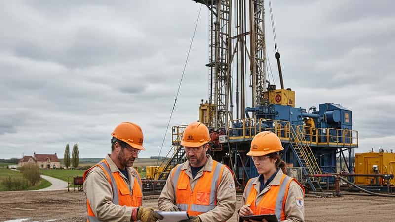 Wyoming oil field workers in the Powder River Basin exchanging shift paperwork near drilling equipment, overcast sky, workers in full PPE and high-vis vests
