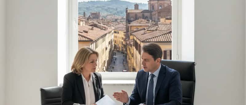 Avvocato italiano che esamina documenti medici alla scrivania di uno studio legale