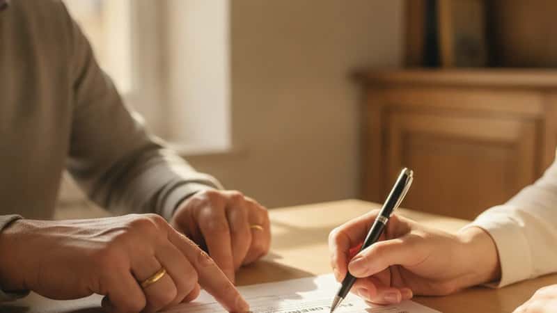 Deux générations comparant un barème fiscal notarial sur un bureau en chêne clair à Bordeaux, mains pointant les tranches d'usufruit