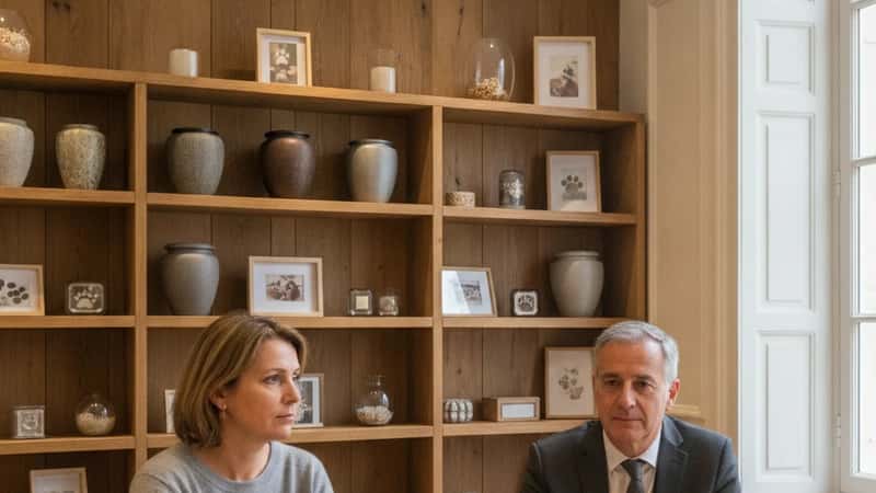 Consultation avec un conseiller en funérailles animales devant des urnes et souvenirs dans un salon funéraire à Bordeaux