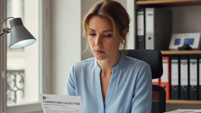 Conseillère voyages française examinant des documents de convention collective à son bureau dans une agence parisienne