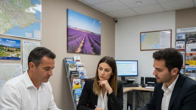 Directeur d'agence de voyages à Marseille discutant des droits salariaux avec ses employés autour d'une table de réunion